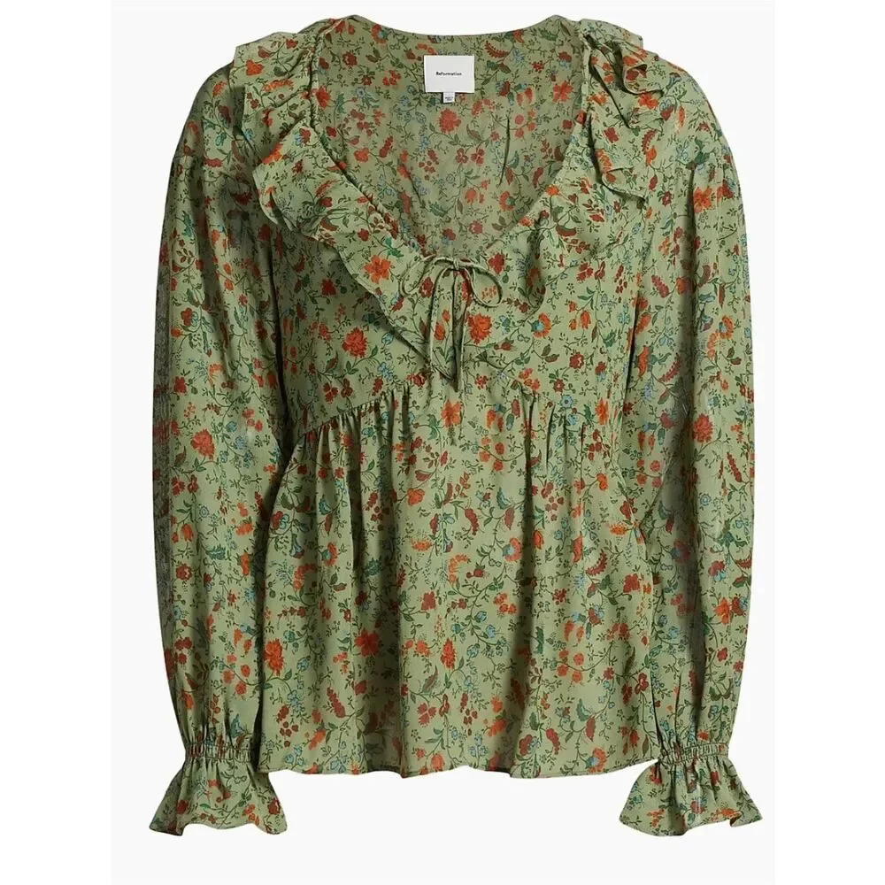 Reformation Wyn Floral Ruffled Top in green 4